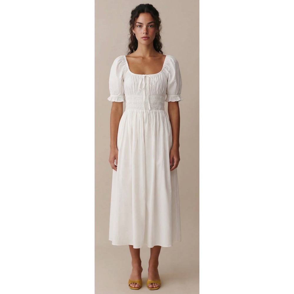 Few Moda Sorella Atelier White Smocked Puff Sleeve Midi Dress Cottagecore Size M
